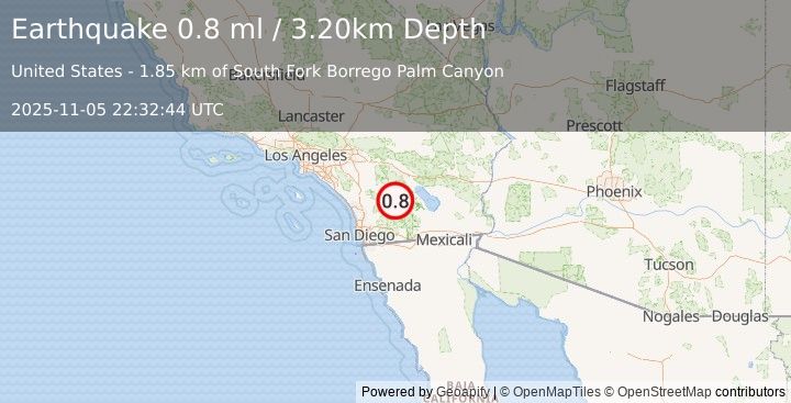 Earthquake 7 km WNW of Borrego Springs, CA (0.8 ml) (2025-11-05 22:32:44 UTC)