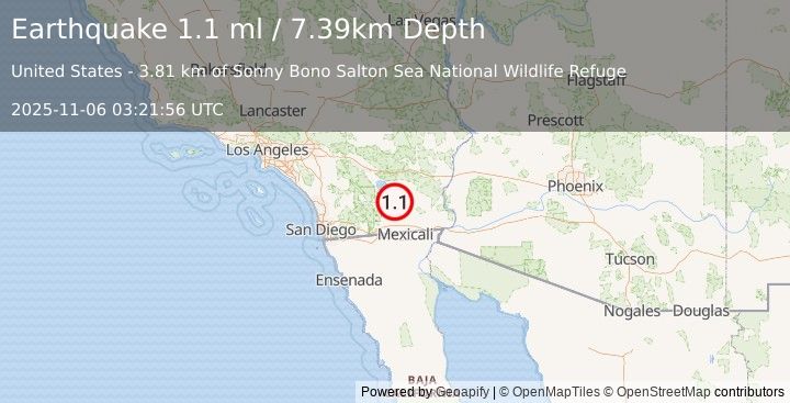 Earthquake 16 km WSW of Niland, CA (1.1 ml) (2025-11-06 03:21:56 UTC)