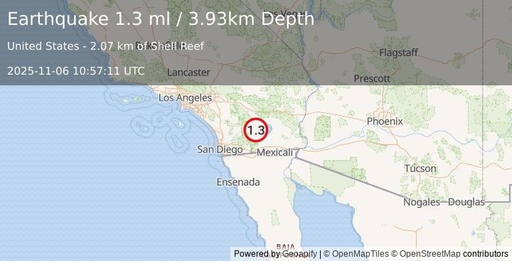 Earthquake 10 km NE of Ocotillo Wells, CA (1.3 ml) (2025-11-06 10:57:11 UTC)