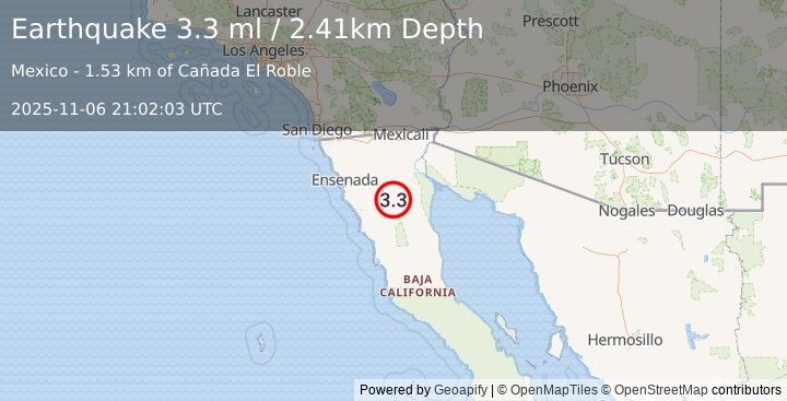 Earthquake 91 km SSW of Alberto Oviedo Mota, B.C., MX (3.3 ml) (2025-11-06 21:02:03 UTC)