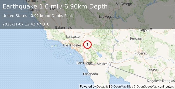 Earthquake 17 km SSE of Big Bear Lake, CA (1.0 ml) (2025-11-07 12:42:47 UTC)