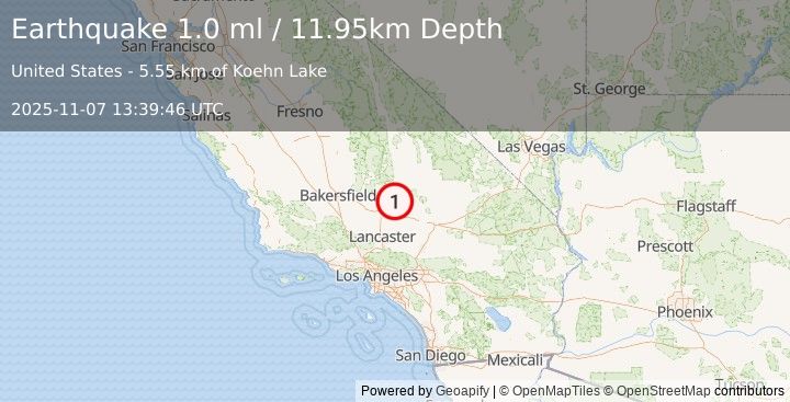 Earthquake 19 km NNE of California City, CA (1.0 ml) (2025-11-07 13:39:46 UTC)