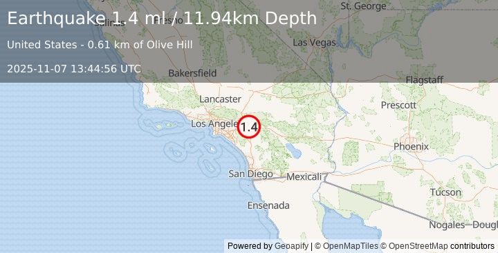 Earthquake 5 km N of Moreno Valley, CA (1.4 ml) (2025-11-07 13:44:56 UTC)