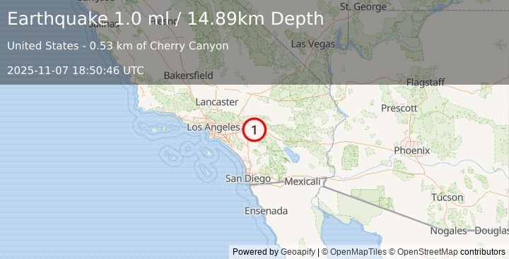 Earthquake 6 km N of Beaumont, CA (1.0 ml) (2025-11-07 18:50:46 UTC)
