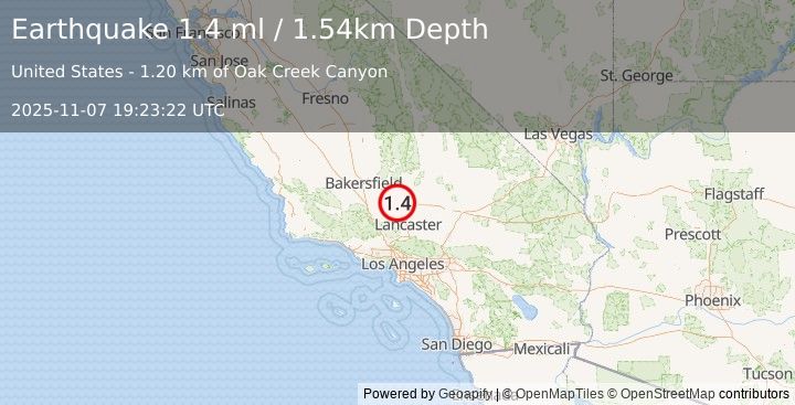 Earthquake 13 km SE of Tehachapi, CA (1.4 ml) (2025-11-07 19:23:22 UTC)