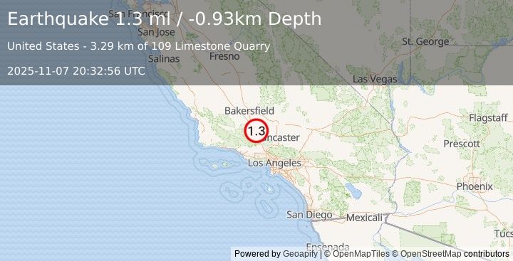 Earthquake 7 km ENE of Lebec, CA (1.2 ml) (2025-11-07 20:32:55 UTC)