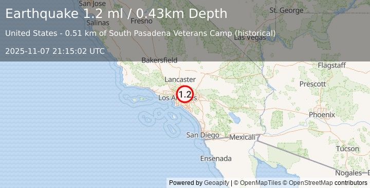 Earthquake 5 km NNW of Azusa, CA (1.2 ml) (2025-11-07 21:15:02 UTC)