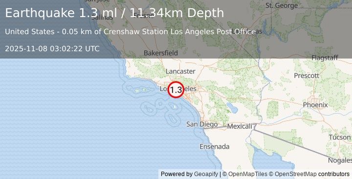 Earthquake 2 km NNE of View Park-Windsor Hills, CA (1.3 ml) (2025-11-08 03:02:22 UTC)