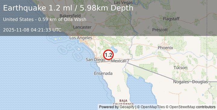 Earthquake 19 km SSW of Ocotillo Wells, CA (1.2 ml) (2025-11-08 04:21:33 UTC)