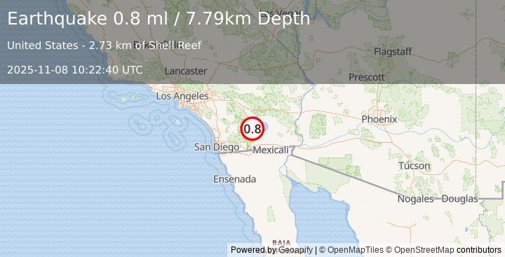 Earthquake 10 km NE of Ocotillo Wells, CA (0.8 ml) (2025-11-08 10:22:40 UTC)