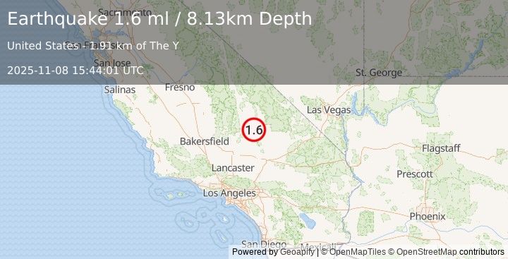 Earthquake 13 km SSW of Searles Valley, CA (1.6 ml) (2025-11-08 15:44:01 UTC)