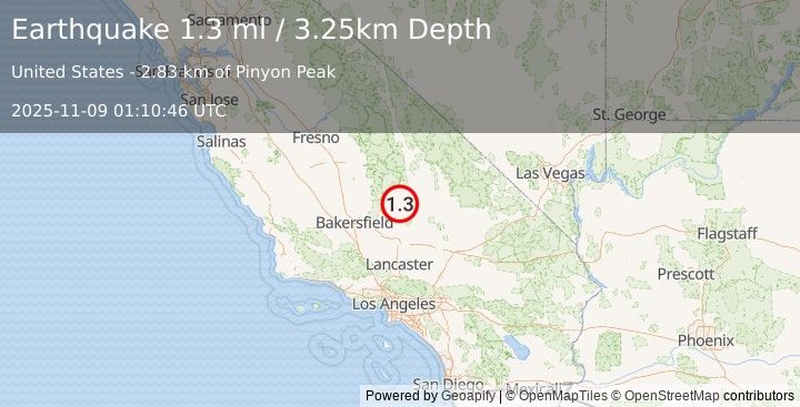 Earthquake 28 km W of Inyokern, CA (1.3 ml) (2025-11-09 01:10:46 UTC)
