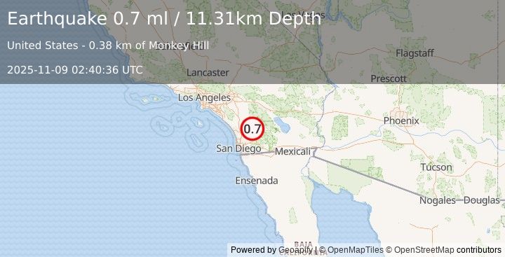 Earthquake 3 km ESE of Lake Henshaw, CA (0.7 ml) (2025-11-09 02:40:36 UTC)