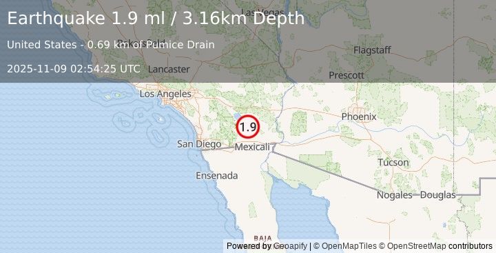 Earthquake 10 km WNW of Calipatria, CA (1.9 ml) (2025-11-09 02:54:25 UTC)