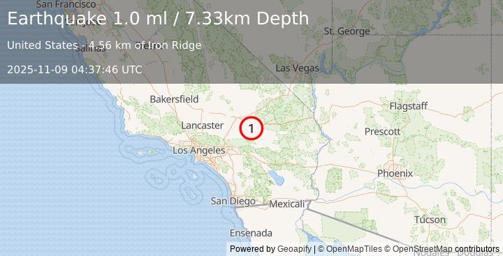 Earthquake 40 km ENE of Lucerne Valley, CA (1.0 ml) (2025-11-09 04:37:46 UTC)