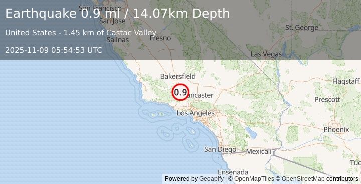 Earthquake 4 km ESE of Frazier Park, CA (0.9 ml) (2025-11-09 05:54:53 UTC)