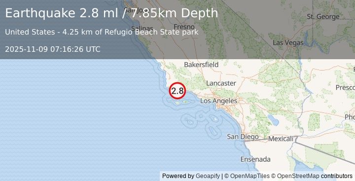 Earthquake 20 km W of Isla Vista, CA (2.8 ml) (2025-11-09 07:16:26 UTC)