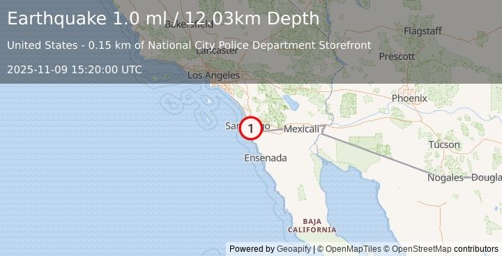 Earthquake 3 km W of Bonita, CA (1.0 ml) (2025-11-09 15:20:00 UTC)