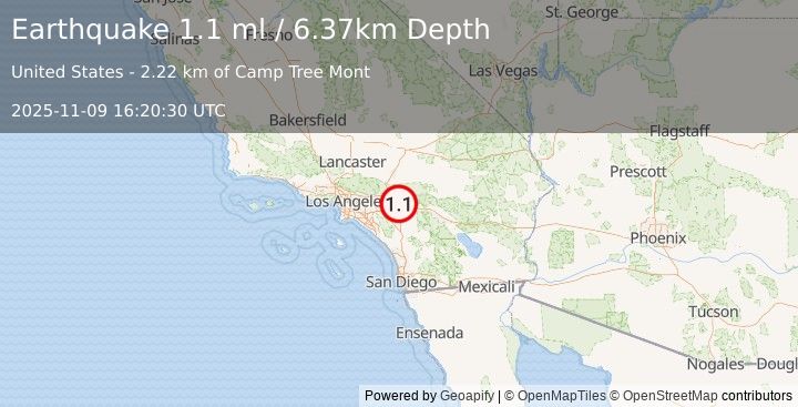 Earthquake 6 km SSW of Redlands, CA (1.1 ml) (2025-11-09 16:20:30 UTC)