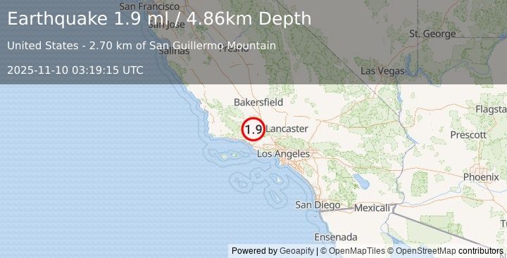 Earthquake 18 km S of Pine Mountain Club, CA (1.9 ml) (2025-11-10 03:19:15 UTC)