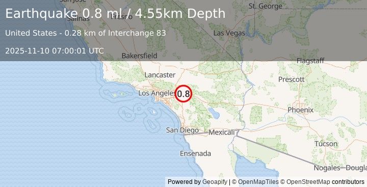Earthquake 5 km SSE of Mentone, CA (0.8 ml) (2025-11-10 07:00:01 UTC)