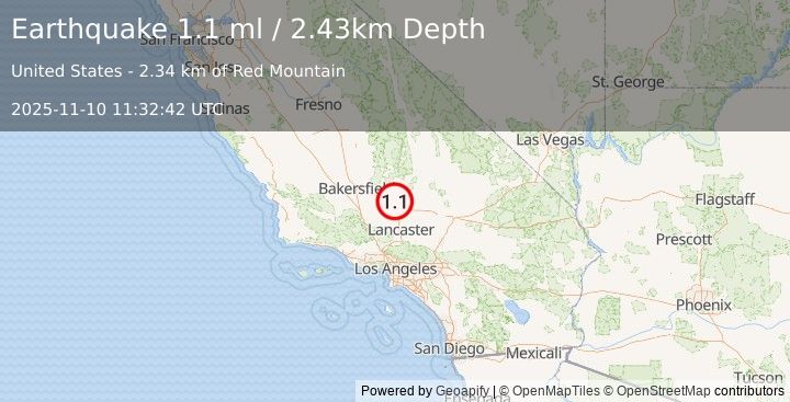 Earthquake 14 km NNW of Mojave, CA (1.1 ml) (2025-11-10 11:32:42 UTC)