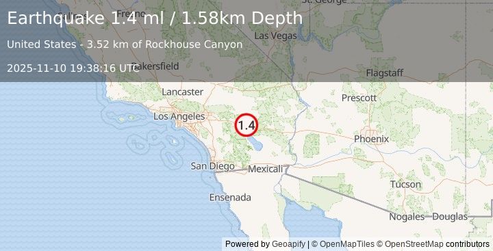 Earthquake 15 km NE of Indio, CA (1.4 ml) (2025-11-10 19:38:16 UTC)