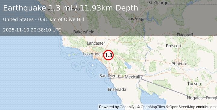 Earthquake 5 km N of Moreno Valley, CA (1.1 ml) (2025-11-10 20:38:11 UTC)