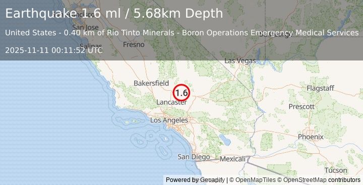 Earthquake 5 km NW of Boron, CA (1.6 ml) (2025-11-11 00:11:51 UTC)