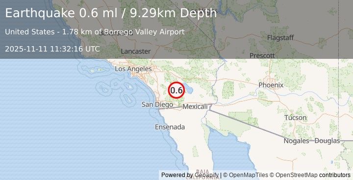 Earthquake 6 km E of Borrego Springs, CA (0.6 ml) (2025-11-11 11:32:16 UTC)