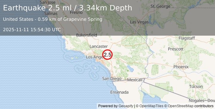 Earthquake 7 km SSE of Lytle Creek, CA (2.5 ml) (2025-11-11 15:54:30 UTC)