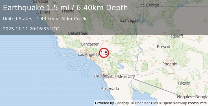 Earthquake 9 km SSE of Running Springs, CA (1.5 ml) (2025-11-11 20:16:33 UTC)
