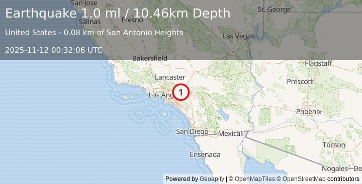 Earthquake 6 km N of Upland, CA (1.0 ml) (2025-11-12 00:32:06 UTC)