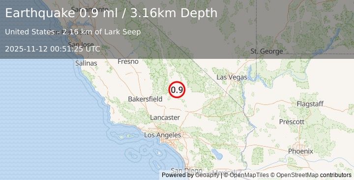 Earthquake 11 km NE of Ridgecrest, CA (0.9 ml) (2025-11-12 00:51:25 UTC)
