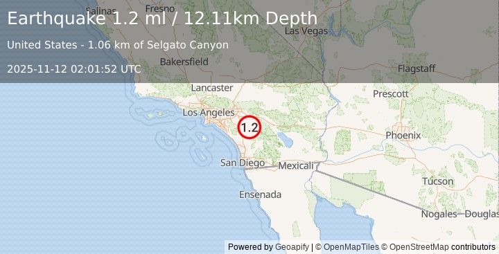 Earthquake 10 km SSE of Hemet, CA (1.2 ml) (2025-11-12 02:01:52 UTC)