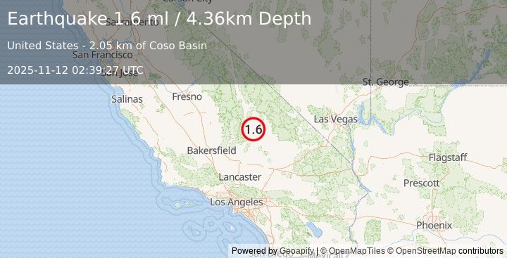 Earthquake 18 km E of Little Lake, CA (1.6 ml) (2025-11-12 02:39:27 UTC)