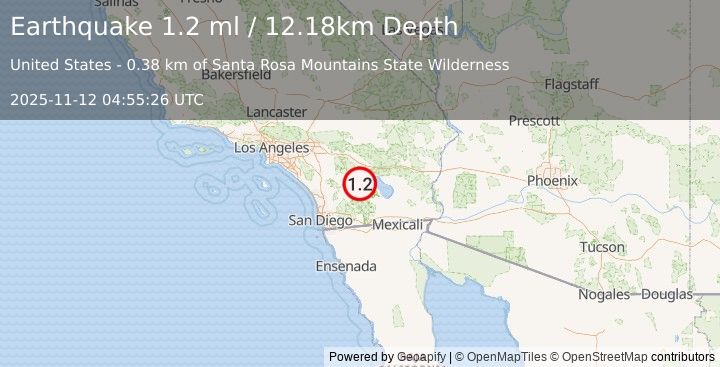 Earthquake 16 km NNE of Borrego Springs, CA (1.2 ml) (2025-11-12 04:55:26 UTC)