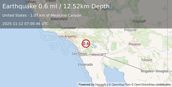 Earthquake 14 km ESE of Anza, CA (0.6 ml) (2025-11-12 07:00:46 UTC)