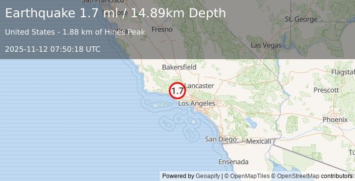 Earthquake 16 km ENE of Ojai, CA (1.7 ml) (2025-11-12 07:50:18 UTC)