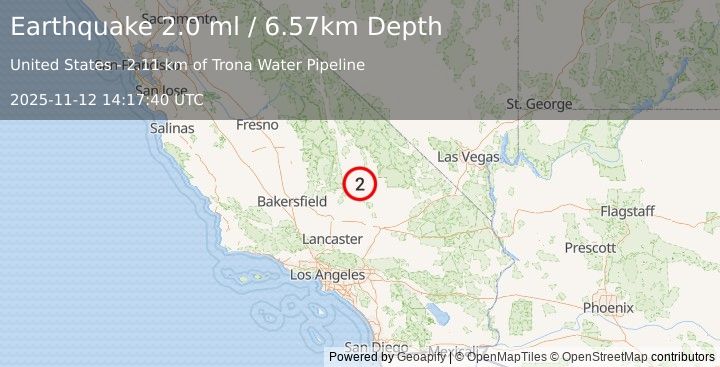 Earthquake 14 km SW of Searles Valley, CA (2.0 ml) (2025-11-12 14:17:40 UTC)