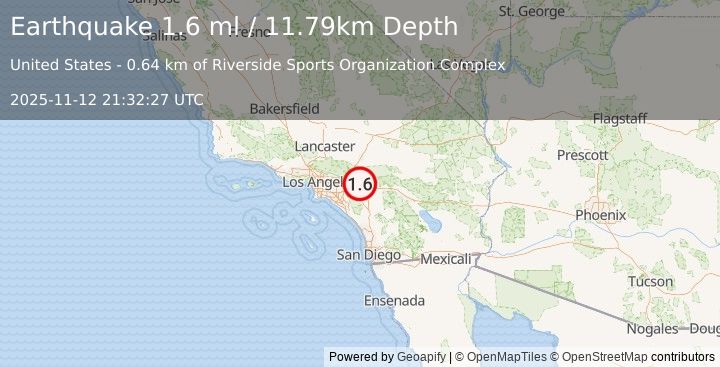 Earthquake 2 km E of Winchester, CA (1.2 ml) (2025-11-12 21:32:33 UTC)