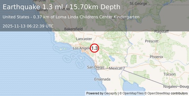 Earthquake 1 km NNE of Loma Linda, CA (1.3 ml) (2025-11-13 06:22:39 UTC)