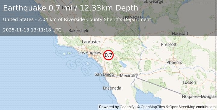 Earthquake 4 km SSE of Banning, CA (0.7 ml) (2025-11-13 13:11:18 UTC)