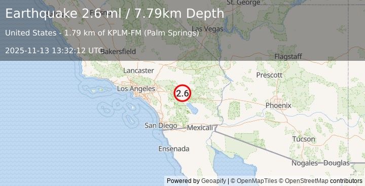 Earthquake 17 km ENE of Thousand Palms, CA (2.6 ml) (2025-11-13 13:32:12 UTC)