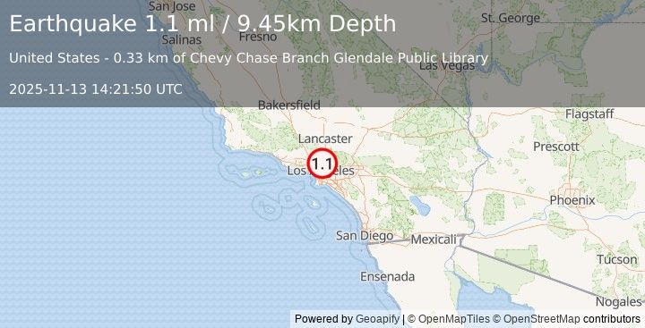 Earthquake 3 km SSW of La Canada Flintridge, CA (1.1 ml) (2025-11-13 14:21:50 UTC)