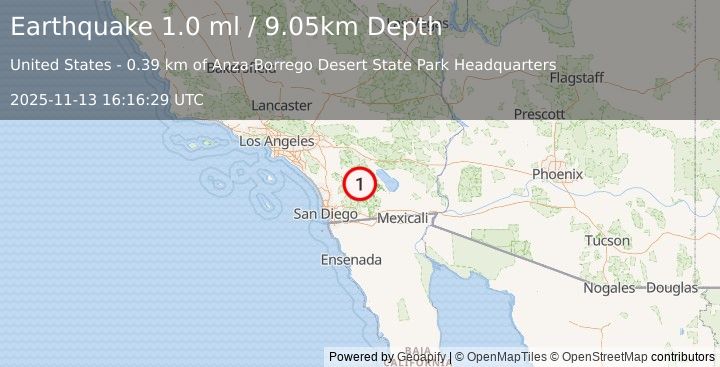 Earthquake 4 km WNW of Borrego Springs, CA (0.8 ml) (2025-11-13 16:16:30 UTC)