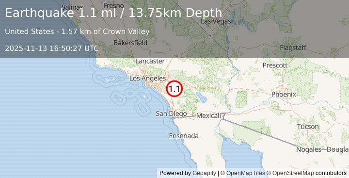 Earthquake 9 km SE of Winchester, CA (1.1 ml) (2025-11-13 16:50:27 UTC)