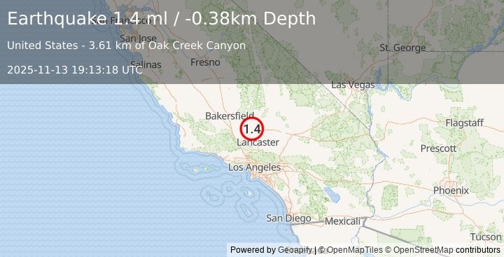 Earthquake 13 km W of Mojave, CA (1.4 ml) (2025-11-13 19:13:18 UTC)