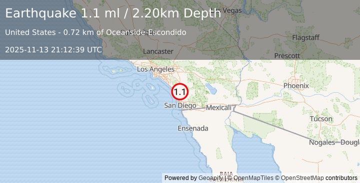 Earthquake 7 km ENE of Vista, CA (1.1 ml) (2025-11-13 21:12:39 UTC)