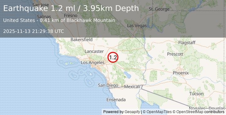 Earthquake 9 km NNE of Big Bear City, CA (1.2 ml) (2025-11-13 21:29:38 UTC)